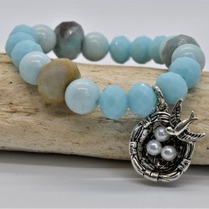 Aquamarine, Amazonite and bird charm bracelet
